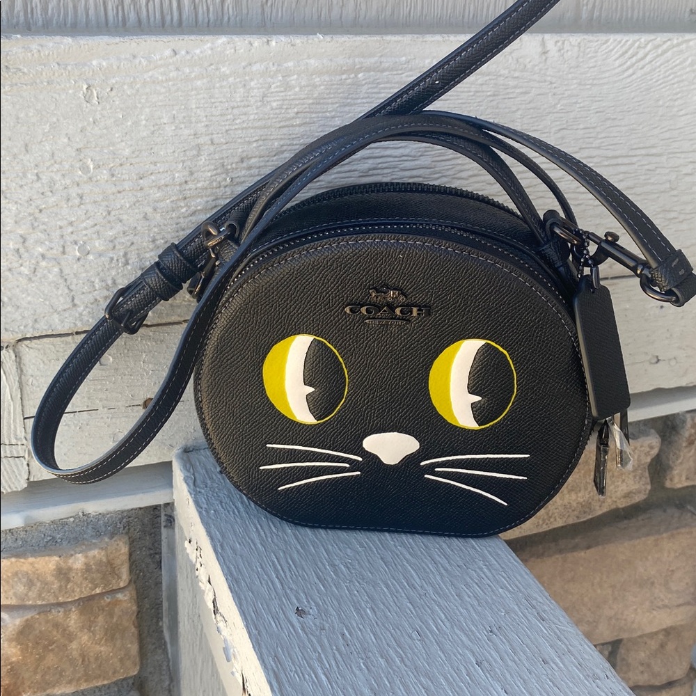 Coach Black Leather Cat Motif Round Crossbody with Yellow Eye Accents - Picture 5 of 11